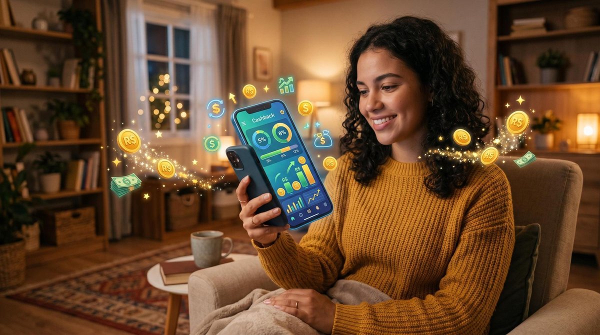 Pessoa verificando o saldo de cashback acumulado em um smartphone após realizar compras online