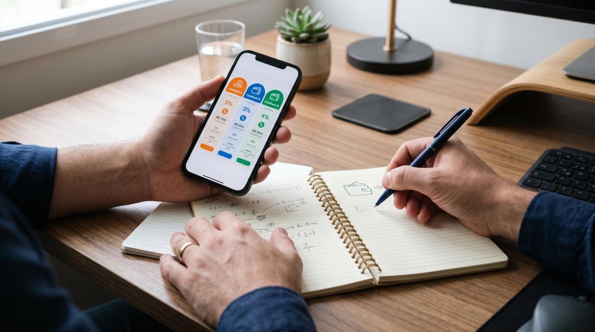 Apps de cashback que valem a pena no Brasil: guia com os que mais devolvem dinheiro 2 Mãos de uma pessoa adulta seguram um smartphone sobre uma mesa de escritório organizada com caderno aberto e caneta, comparando informações na tela do
