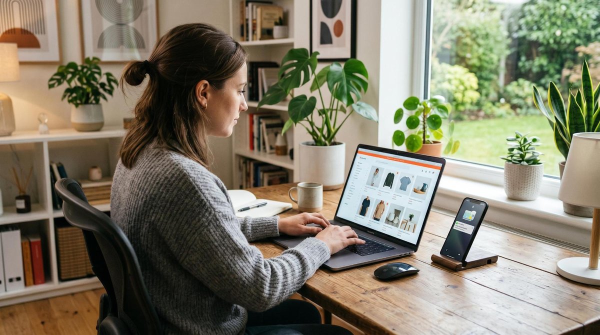 Apps de cashback que valem a pena no Brasil: guia com os que mais devolvem dinheiro 3 Uma pessoa sentada à mesa de um home office moderno digita em um laptop aberto exibindo uma página de e-commerce, enquanto um smartphone ao lado mostr