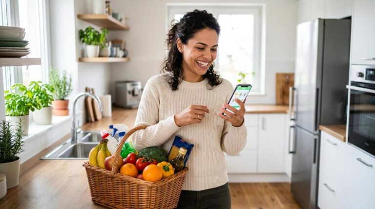 Pessoa consultando o saldo de cashback em Meli Dólar no celular enquanto faz compras para a casa