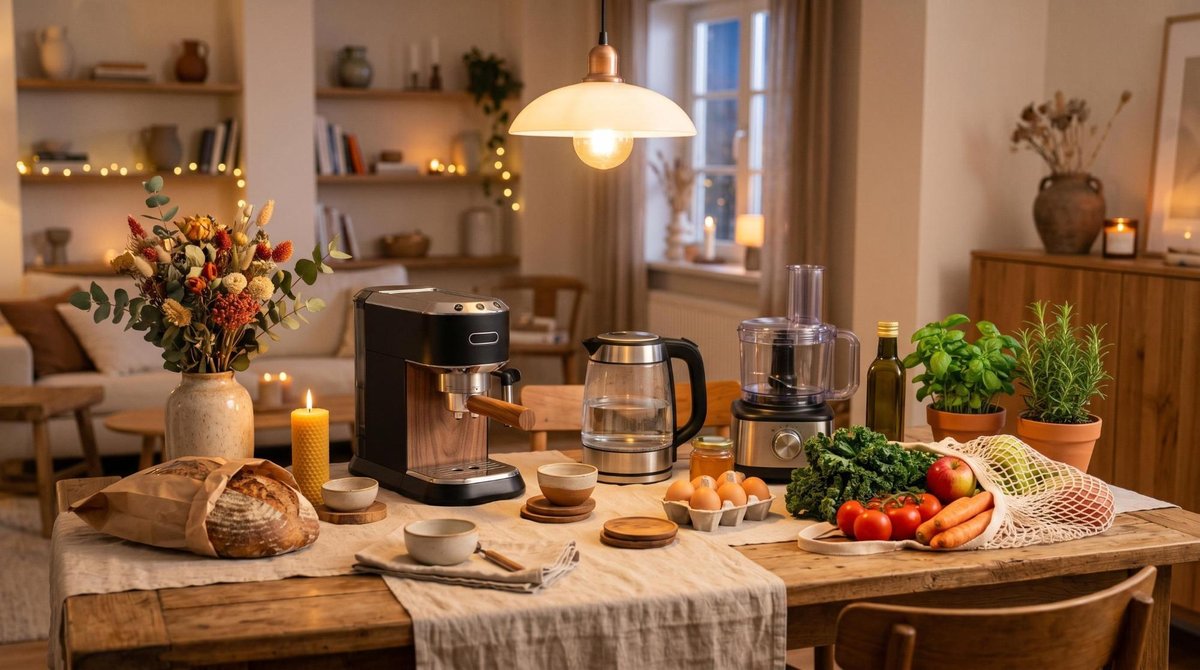 Uma mesa de jantar aconchegante decorada com eletrodomésticos modernos, produtos de supermercado e itens de decoração, com iluminação quente e ambient