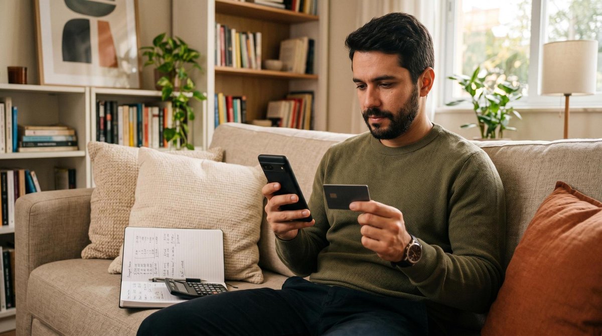 Um homem focado interagindo com um aplicativo de finanças em seu smartphone enquanto segura um cartão de crédito, sentado em um sofá confortável com a