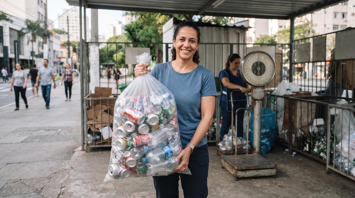 Pessoa separando latas de alumínio e garrafas PET em caixas de reciclagem para levar a uma cooperativa