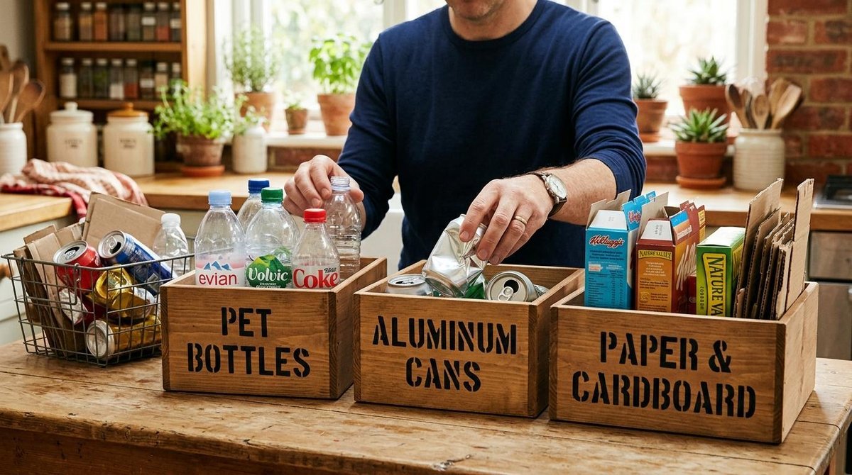 Como aproveitar programas de reciclagem que dão dinheiro no Brasil 2 Mãos de uma pessoa separando diferentes tipos de materiais recicláveis em caixas organizadoras sobre uma mesa, com latas de alumínio, garrafas PET e p