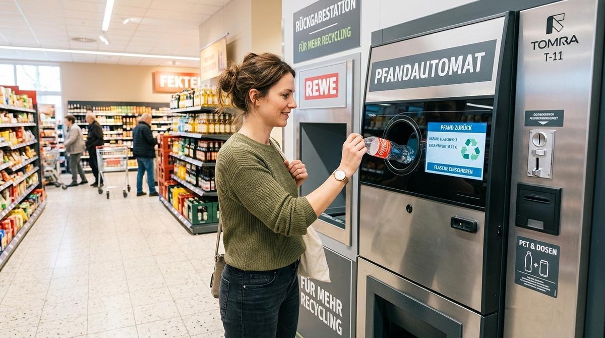 Como aproveitar programas de reciclagem que dão dinheiro no Brasil 3 Uma pessoa usando uma máquina de coleta reversa em um supermercado moderno, depositando uma garrafa PET vazia no compartimento da máquina enquanto obs