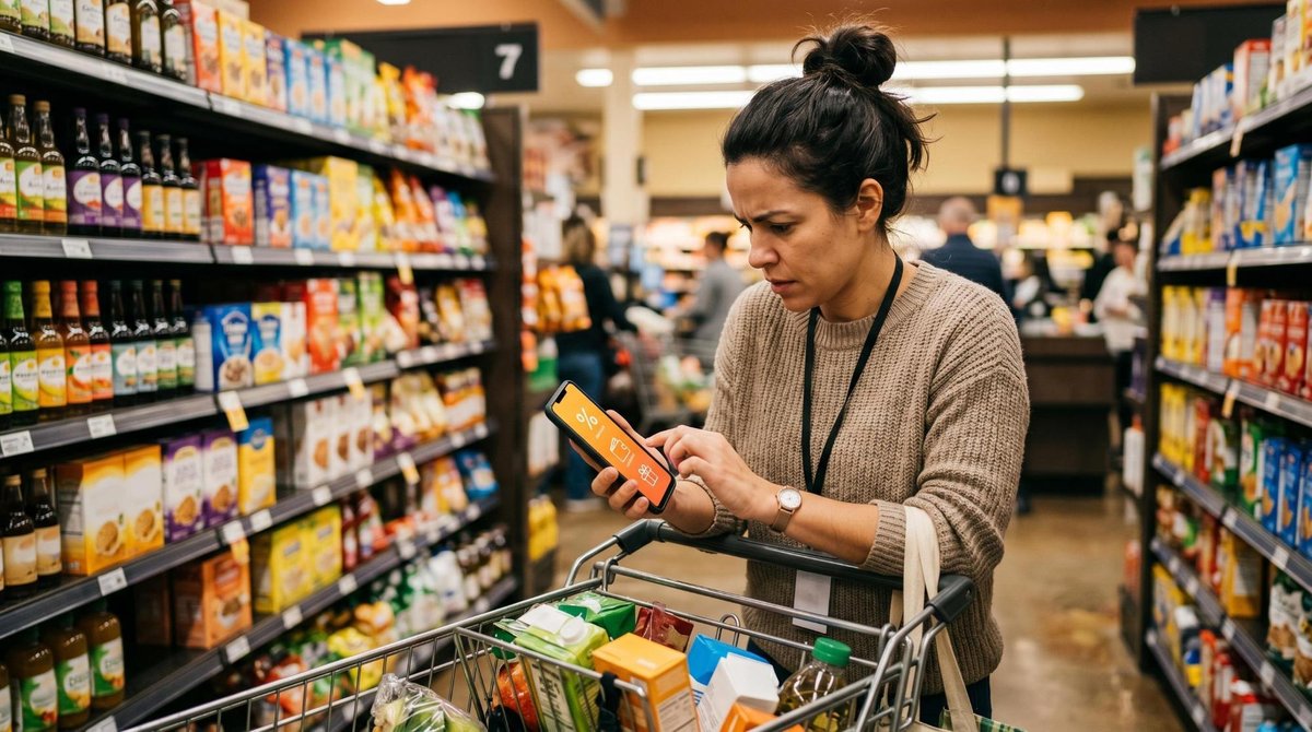 Como aproveitar promoções exclusivas para usuários do Mercado Pago e economizar de verdade 2 Mulher concentrada usando o celular enquanto faz compras do dia a dia em um supermercado, com iluminação quente e ambiente realista, simbolizando a bu