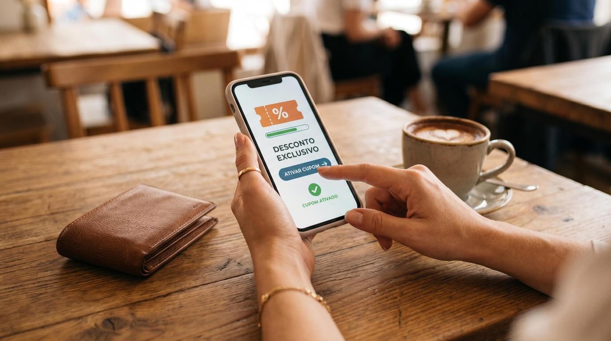 Como aproveitar promoções exclusivas para usuários do Mercado Pago e economizar de verdade 3 Mãos de uma pessoa ativando um cupom de desconto em um smartphone sobre uma mesa de madeira, ao lado de uma carteira e um café, em um estilo fotográfi