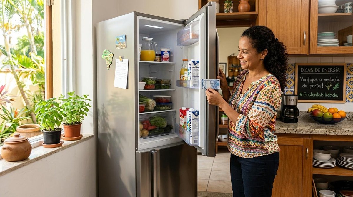 Como consumir menos energia elétrica em casa: dicas que vão além do óbvio 2 Uma geladeira moderna em uma cozinha brasileira iluminada por luz natural, com uma pessoa verificando a borracha de vedação da porta, demonstrando cui