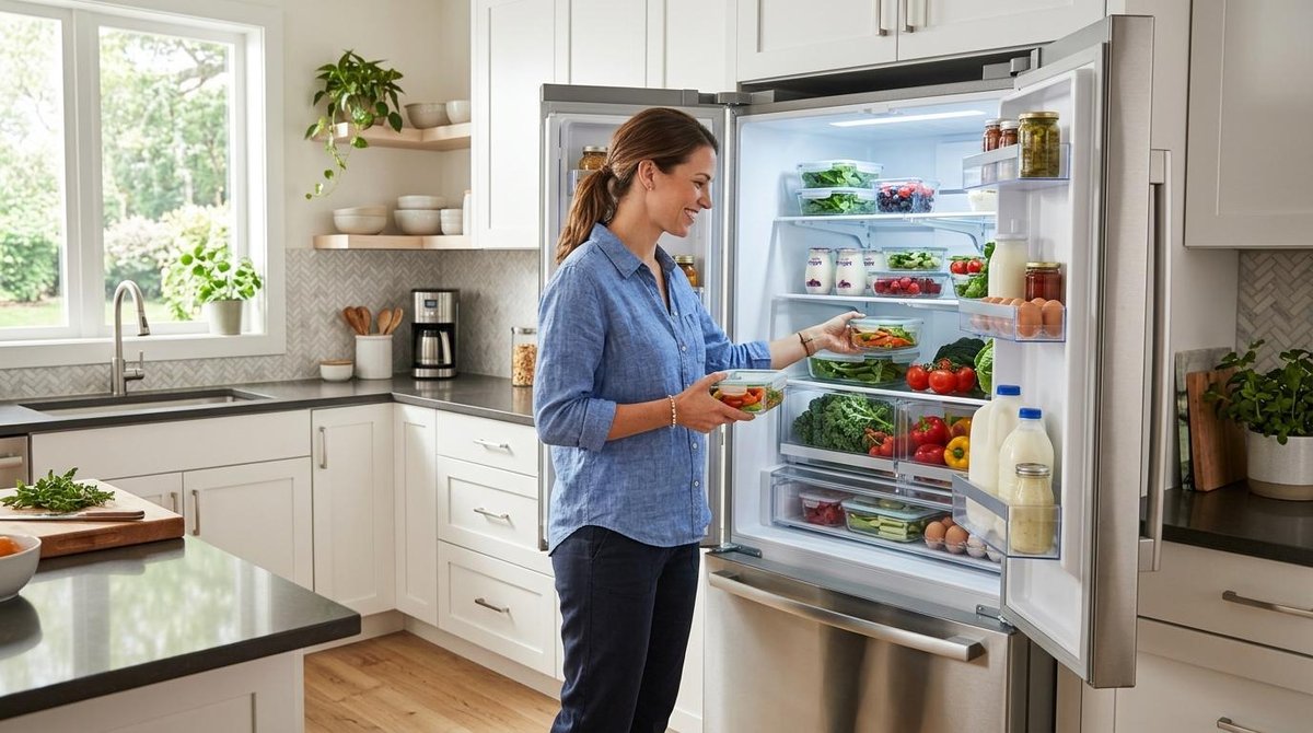 Como consumir menos energia elétrica em casa: dicas que vão além do óbvio 3 Uma cozinha contemporânea e organizada com eletrodomésticos posicionados estrategicamente, onde uma pessoa organiza os alimentos dentro da geladeira d