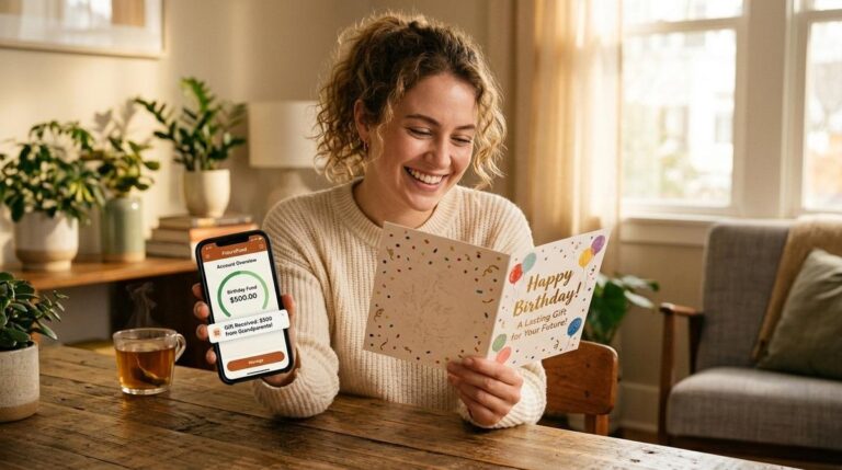Pessoa segurando um cartão de aniversário ao lado de um celular com aplicativo de conta digital aberto
