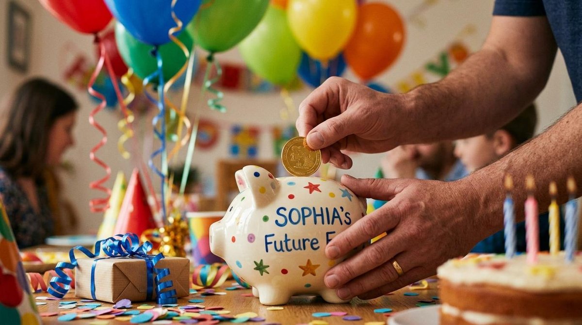 Como criar uma poupança de aniversário para presente e surpreender quem você ama 2 Mãos de um adulto colocando uma moeda de ouro em um cofre de porquinho decorado que está sobre uma mesa de aniversário com balões coloridos ao fundo,