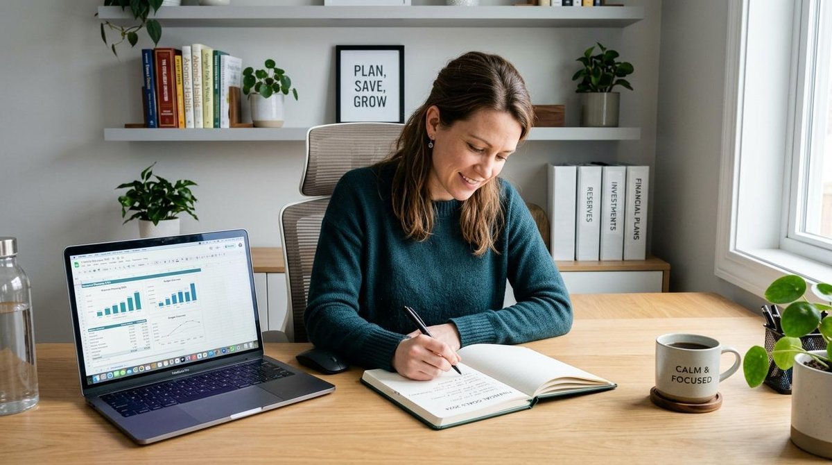 Como criar uma poupança de aniversário para presente e surpreender quem você ama 3 Mulher anotando objetivos financeiros em um caderno enquanto usa um laptop em uma mesa de madeira clara, com uma xícara de café ao lado, em um ambient