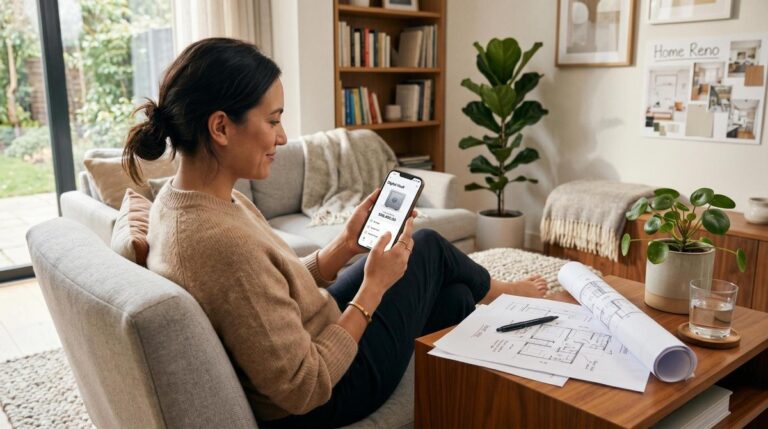 Pessoa sentada à mesa anotando o planejamento financeiro de uma reforma residencial com o celular ao lado