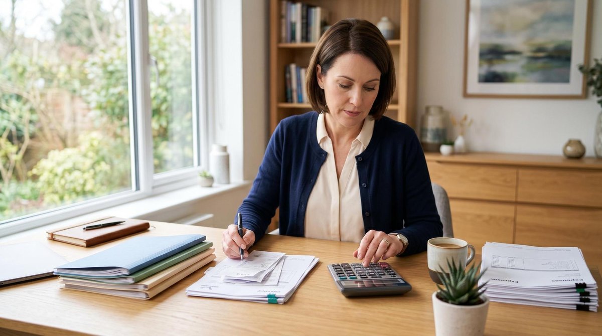 Pessoa adulta organizando documentos financeiros e usando uma calculadora em uma mesa de trabalho limpa e moderna, com expressão focada e planejamento