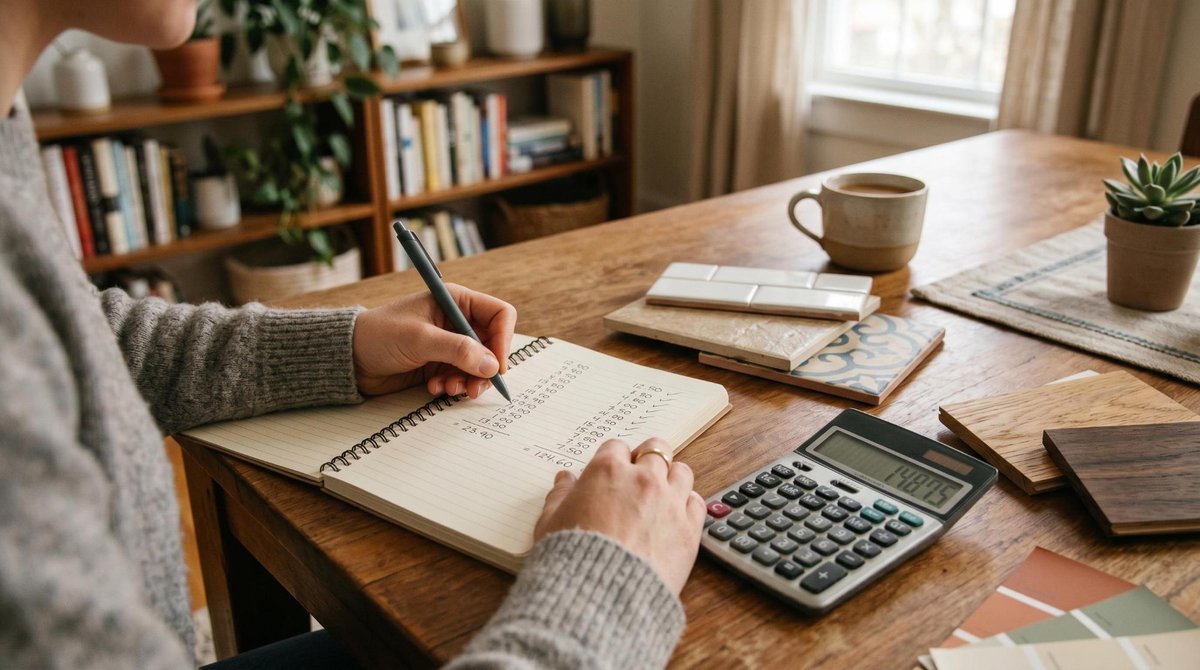 Mãos de uma pessoa anotando valores em um caderno aberto sobre uma mesa, ao lado de uma calculadora, amostras de materiais de construção como azulejos