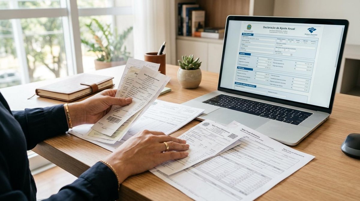 Como declarar Pix no imposto de renda e evitar problemas com a Receita Federal 2 Mãos femininas segurando comprovantes de pagamentos e documentos fiscais sobre uma mesa de escritório moderna, com laptop aberto ao fundo exibindo for