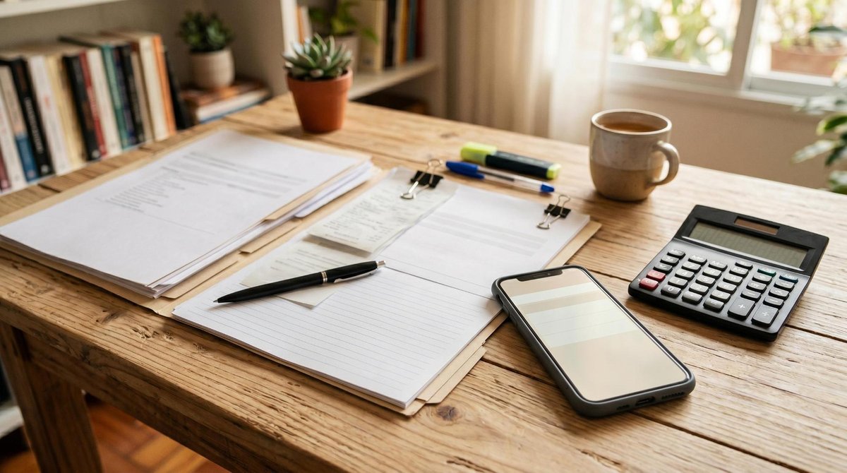 Como declarar Pix no imposto de renda e evitar problemas com a Receita Federal 3 Documentos financeiros organizados sobre mesa de trabalho de madeira clara, com smartphone exibindo extrato bancário e calculadora ao lado, representa