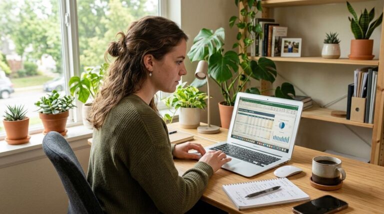 Pessoa sentada em mesa de trabalho em casa revisando contas e despesas no computador
