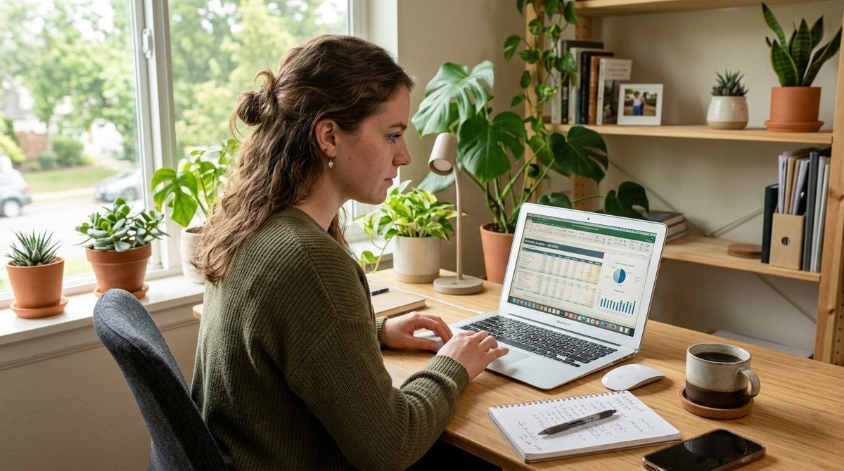 Pessoa sentada em mesa de trabalho em casa revisando contas e despesas no computador