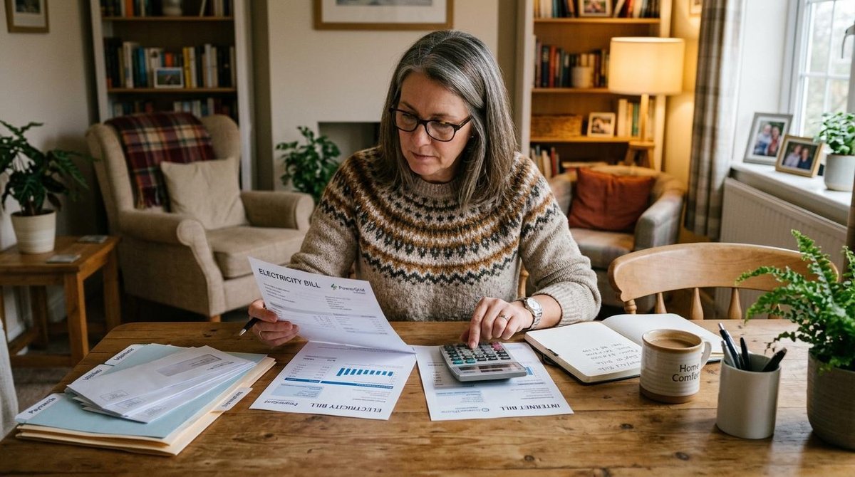Como economizar em despesas ao trabalhar em home office: dicas que vão além do óbvio 2 Adulto em ambiente doméstico comparando contas de luz e internet sobre uma mesa, com calculadora e documentos organizados ao lado, iluminação suave e