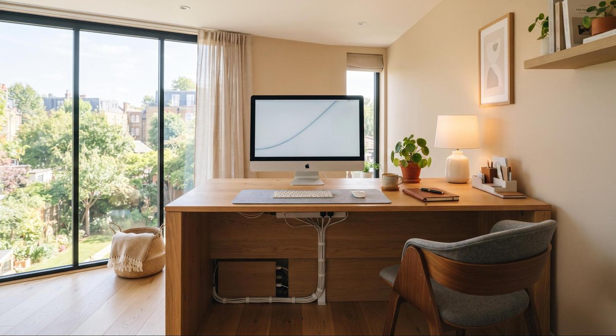 Como economizar em despesas ao trabalhar em home office: dicas que vão além do óbvio 3 Mesa de home office com computador posicionado próximo à janela grande com luz natural entrando, tomadas organizadas e fios bem arrumados, ambiente cl