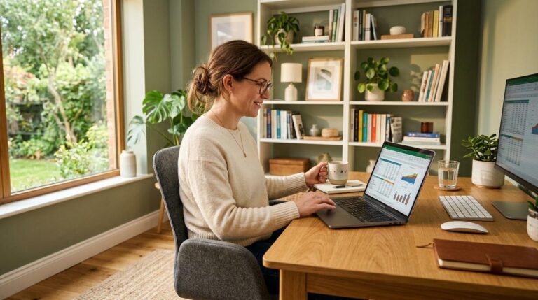 Pessoa sentada em mesa de home office revisando planilha de gastos no computador