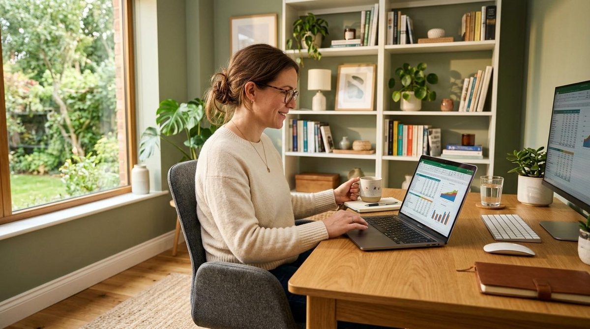 Pessoa sentada em mesa de home office revisando planilha de gastos no computador