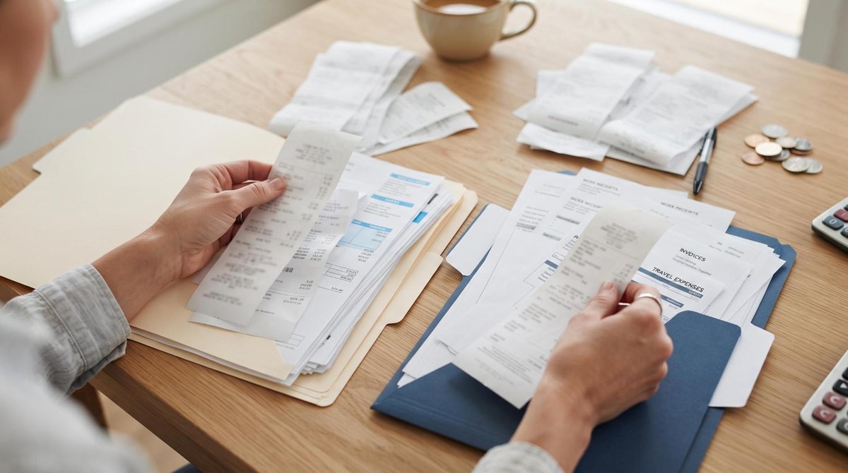 Como organizar as finanças trabalhando 100% de casa e manter o controle do seu dinheiro 2 Mãos organizando notas fiscais e contas domésticas em duas pastas separadas sobre uma mesa de madeira clara, representando a divisão clara entre gasto