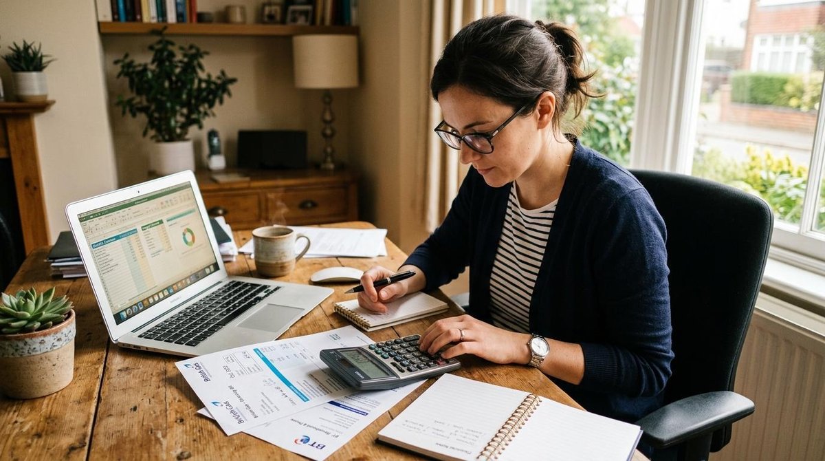 Como organizar as finanças trabalhando 100% de casa e manter o controle do seu dinheiro 3 Profissional calculando despesas de energia e internet usando uma calculadora ao lado do computador, com contas de luz impressas sobre a mesa, ilumina