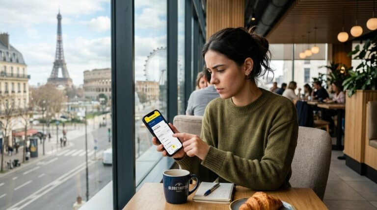 Pessoa acessando o aplicativo do banco brasileiro em um celular enquanto está sentada em um aeroporto internacional