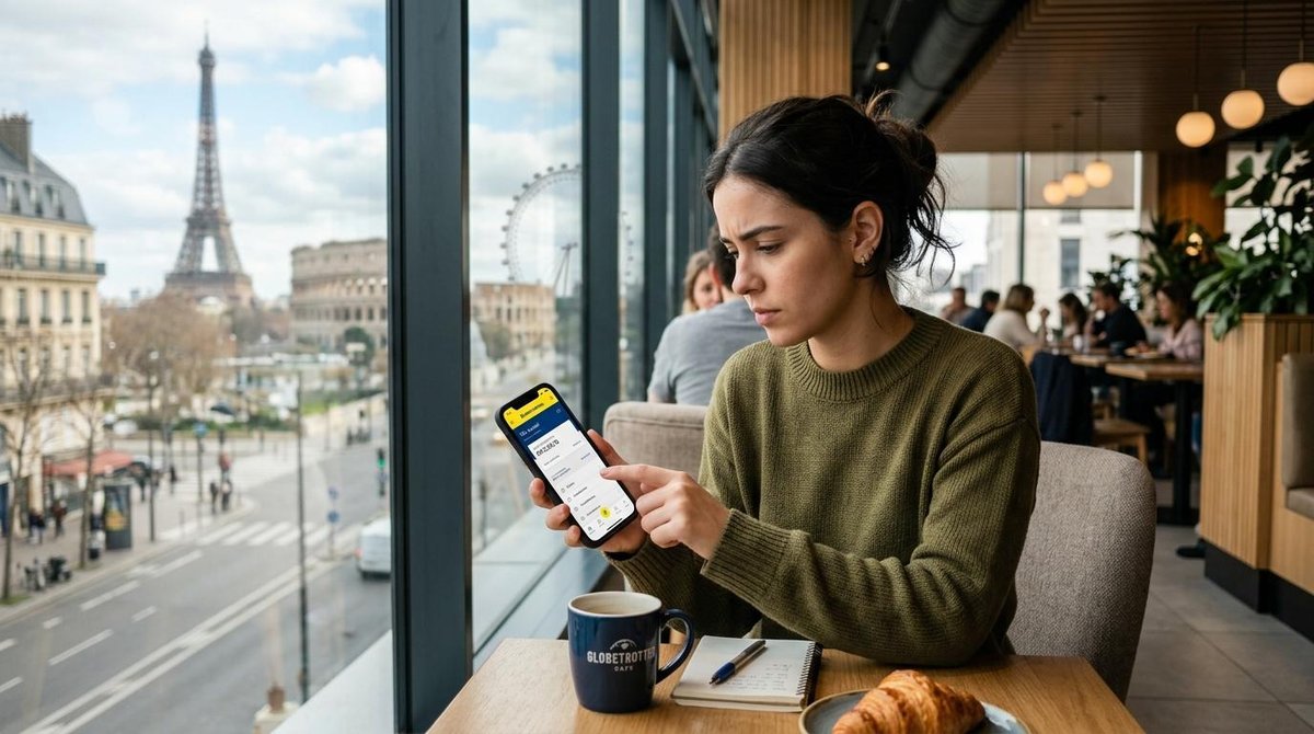 Pessoa acessando o aplicativo do banco brasileiro em um celular enquanto está sentada em um aeroporto internacional