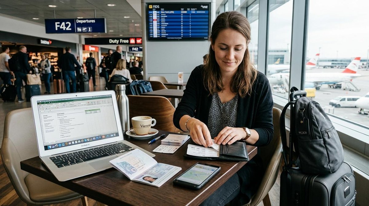 Como pagar contas no Brasil enquanto estou no exterior: guia com opções práticas 2 Um passageiro em um aeroporto internacional organizando documentos e um laptop aberto em uma mesa, com passaporte e celular visíveis, preparando-se pa