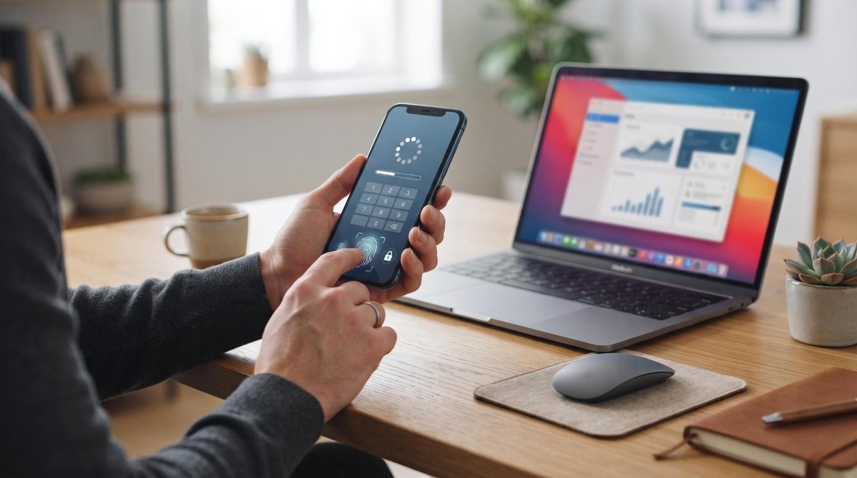 Como pagar contas no Brasil enquanto estou no exterior: guia com opções práticas 3 Close das mãos de uma pessoa segurando um smartphone que exibe uma tela de verificação bancária com código de segurança, ao lado de um notebook aberto
