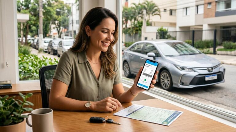 Pessoa segurando smartphone com app de pagamento aberto para pagar IPVA do carro pelo celular