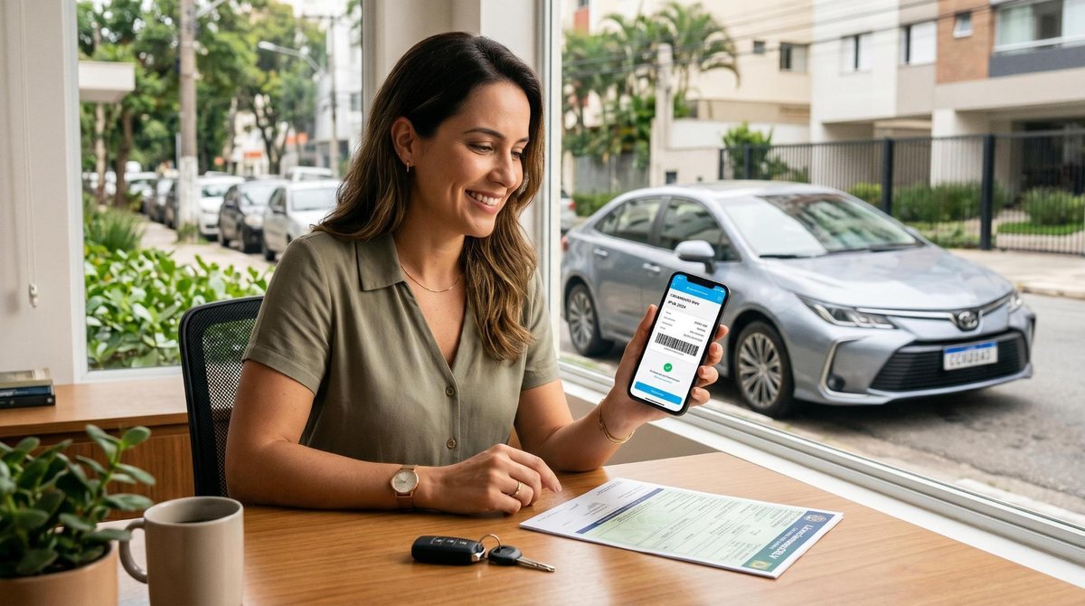 Pessoa segurando smartphone com app de pagamento aberto para pagar IPVA do carro pelo celular