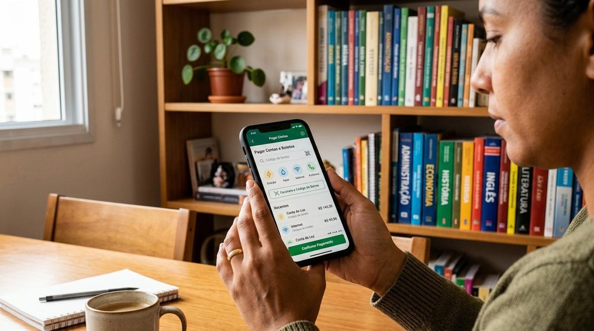 Pessoa segurando celular com app de pagamentos aberto enquanto verifica o boleto da mensalidade escolar