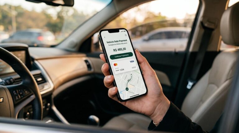 Pessoa consultando multas de trânsito pendentes no celular antes de realizar o pagamento pelo app