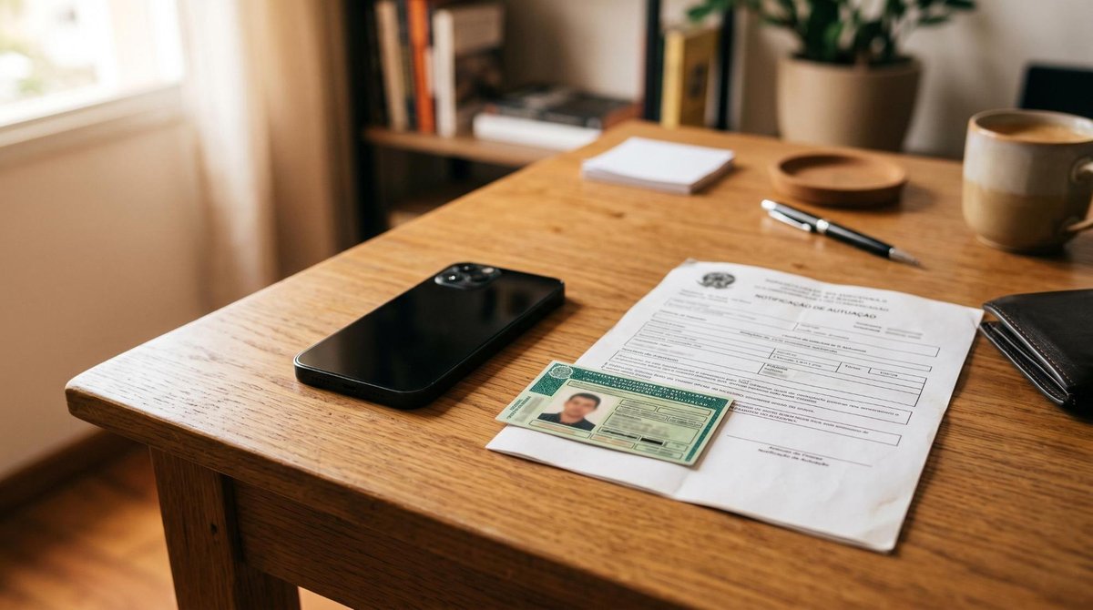 Como pagar multas de trânsito pelo Mercado Pago: passo a passo no app 2 Um celular repousando sobre uma mesa de madeira ao lado de uma carteira nacional de habilitação e um documento de notificação de infração, em um ambie