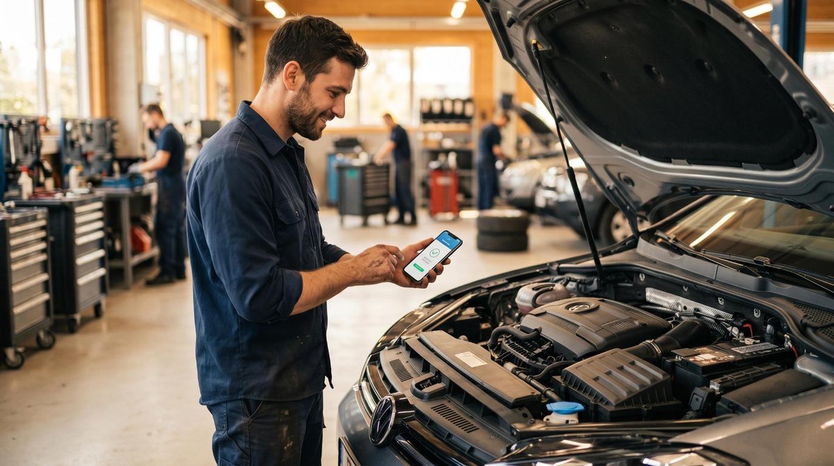 Pessoa consultando opções de parcelamento de manutenção automotiva no celular com o app do Mercado Pago aberto