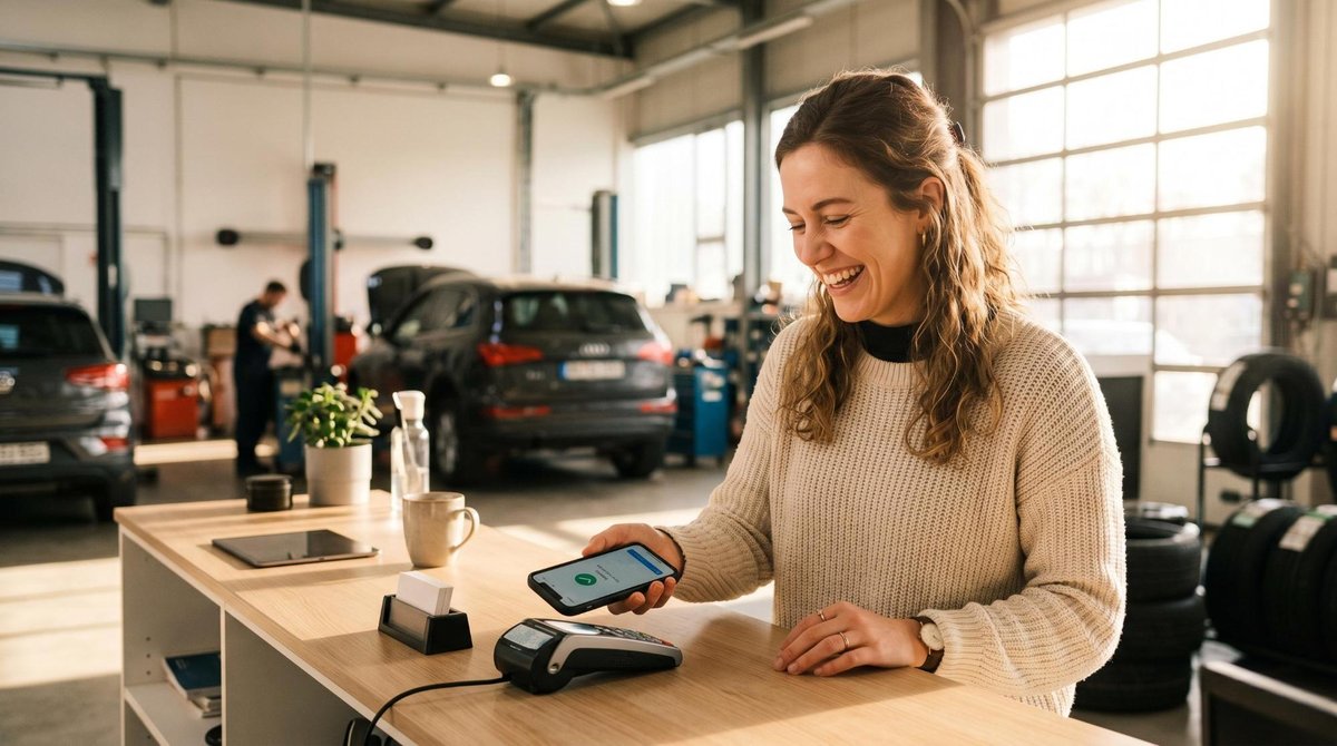 Como parcelar manutenção e peças do carro com Mercado Pago Crédito sem complicação 3 Mulher sorrindo enquanto usa um smartphone para realizar um pagamento digital em um estabelecimento automotivo, com a luz natural do sol entrando pela