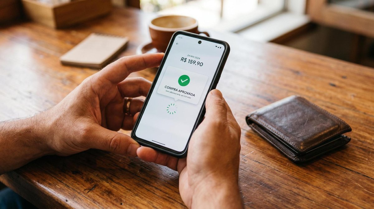 Como parcelar móveis e eletrodomésticos com Mercado Pago Crédito em poucos passos 2 Mãos segurando um smartphone aberto em uma tela de aprovação de compra, com uma carteira fechada ao lado simbolizando a ausência de cartão de crédito,