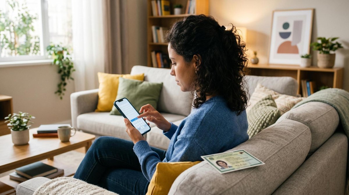 Como parcelar móveis e eletrodomésticos com Mercado Pago Crédito em poucos passos 3 Uma pessoa preenchendo dados em um aplicativo de celular no sofá de casa, com um documento de identidade ao lado, em um ambiente doméstico bem ilumina