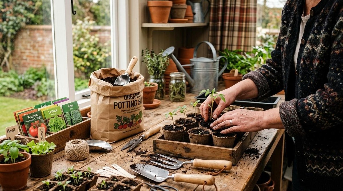 Como plantar sua própria comida para economizar no dia a dia com uma horta caseira 2 Mãos cuidando de vasos com mudas jovens de hortaliças em uma bancada de madeira, com sacos de terra vegetal, sementes e pequenas ferramentas de jardin