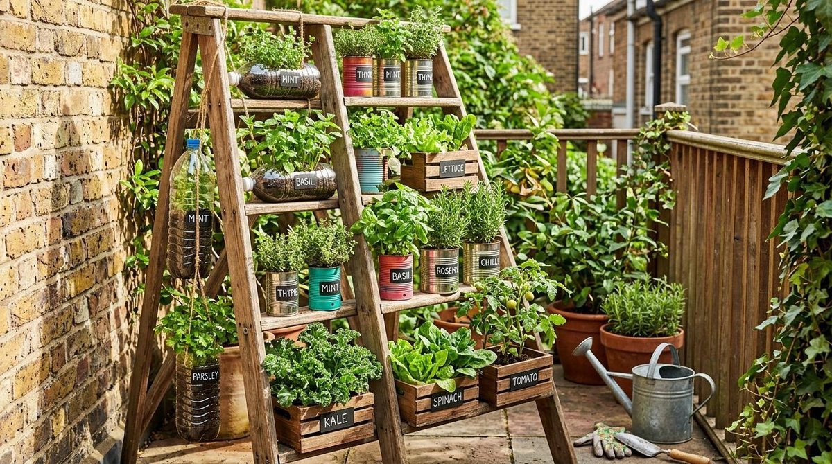 Como plantar sua própria comida para economizar no dia a dia com uma horta caseira 3 Uma coleção de recipientes criativos como garrafas PET, latas e caixotes de madeira transformados em vasos com ervas aromáticas e hortaliças crescendo