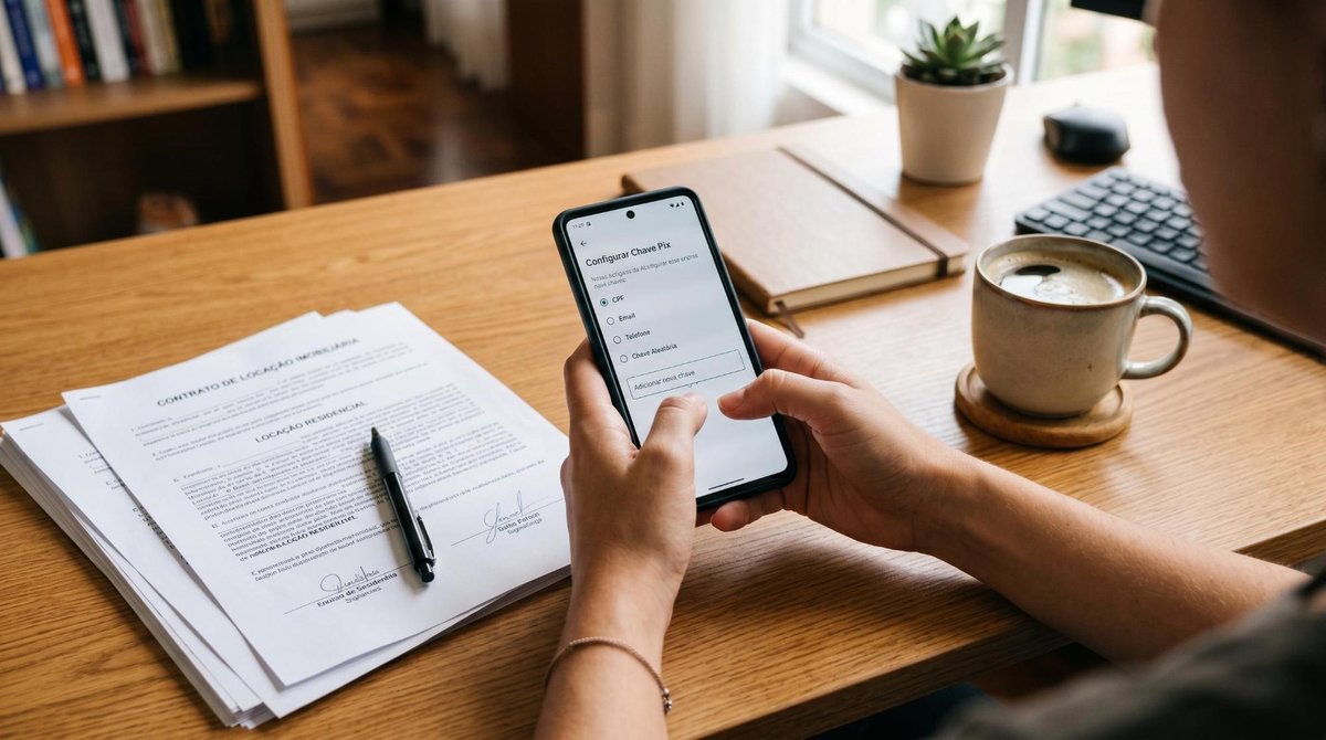 Como receber pagamento de aluguel pelo Pix Mercado Pago: guia com passo a passo 2 Mãos digitando em um smartphone moderno sobre uma mesa organizada com documentos de locação e uma xícara de café, representando a praticidade de confi