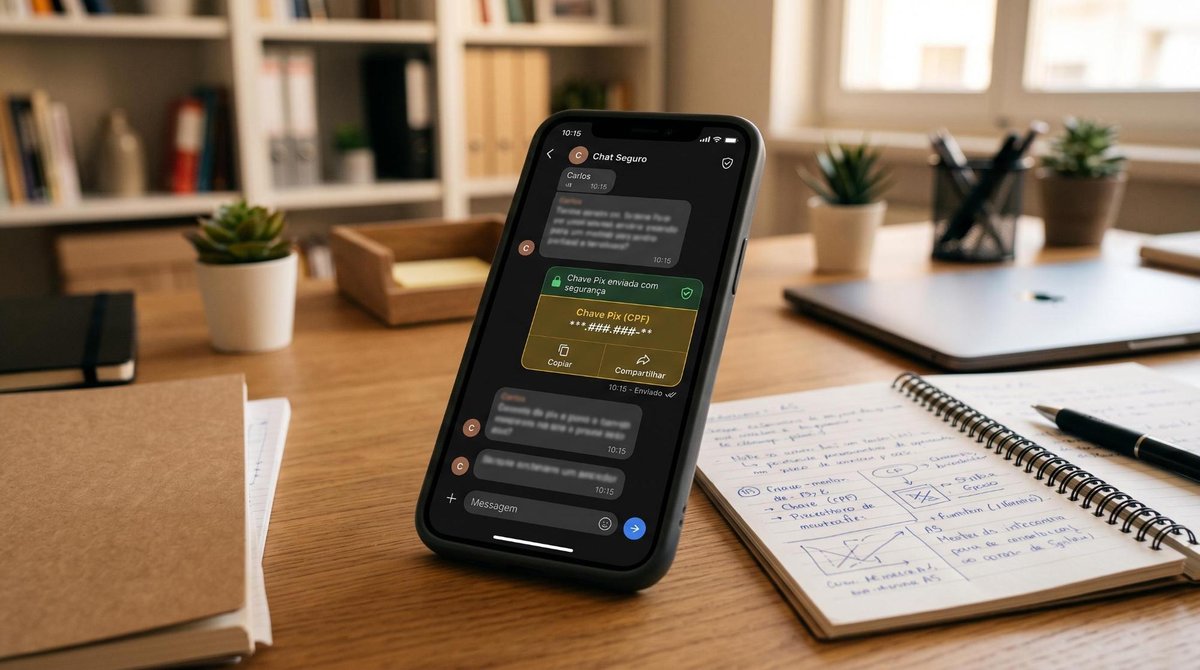 Como receber pagamento de aluguel pelo Pix Mercado Pago: guia com passo a passo 3 Tela de celular exibindo um aplicativo de mensagens para compartilhar uma chave Pix de forma segura, apoiada em uma mesa de trabalho ao lado de um cad