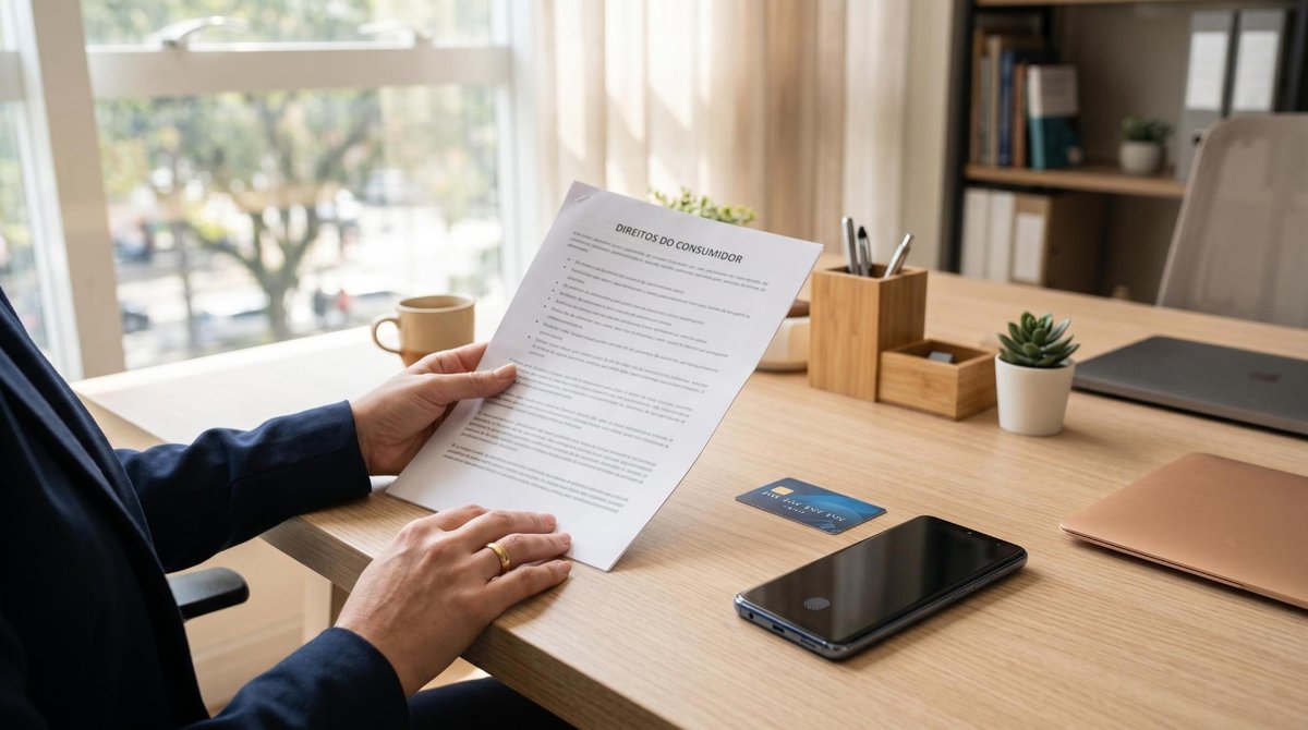 Como recuperar dinheiro de compras canceladas: prazos, direitos e passo a passo 2 Mão feminina segurando documento de direitos do consumidor ao lado de cartão de crédito e smartphone sobre mesa de escritório organizada, iluminação n