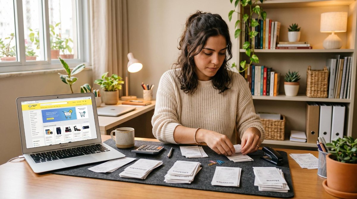 Como recuperar dinheiro de compras canceladas: prazos, direitos e passo a passo 3 Pessoa organizando comprovantes fiscais e recibos de compras em uma mesa, laptop aberto ao lado com site de e-commerce visível, ambiente de home offic