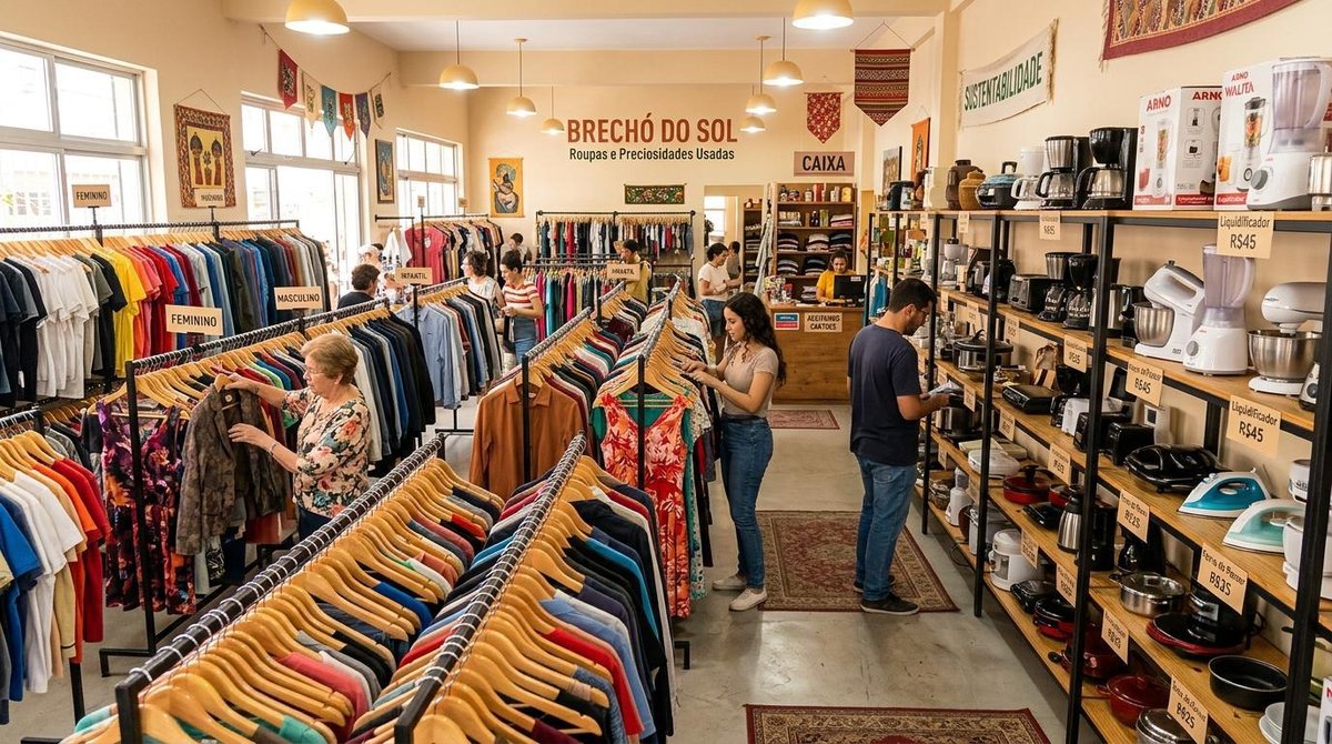 Como reduzir custos comprando produtos de segunda mão e aproveitar cada real 2 Vista interna de um brechó brasileiro organizado com roupas penduradas em cabides, prateleiras com eletrodomésticos seminovos e clientes apreciando as