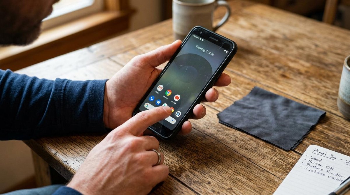 Como reduzir custos comprando produtos de segunda mão e aproveitar cada real 3 Mãos de uma pessoa inspecionando detalhadamente um smartphone seminovo sobre uma mesa de madeira, verificando a tela e os botões em um ambiente bem il